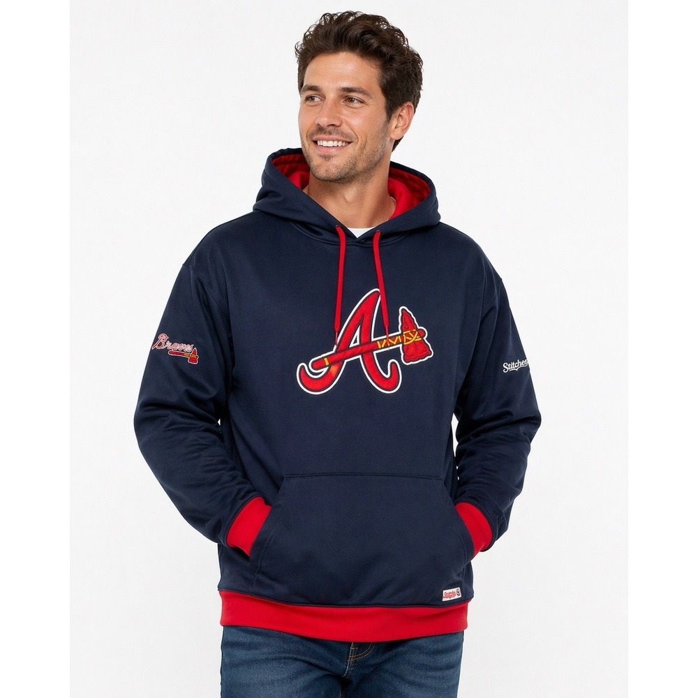 Atlanta Braves Hoodie XXL Stitches MLB Navy Red Pullover Sweatshirt Baseball